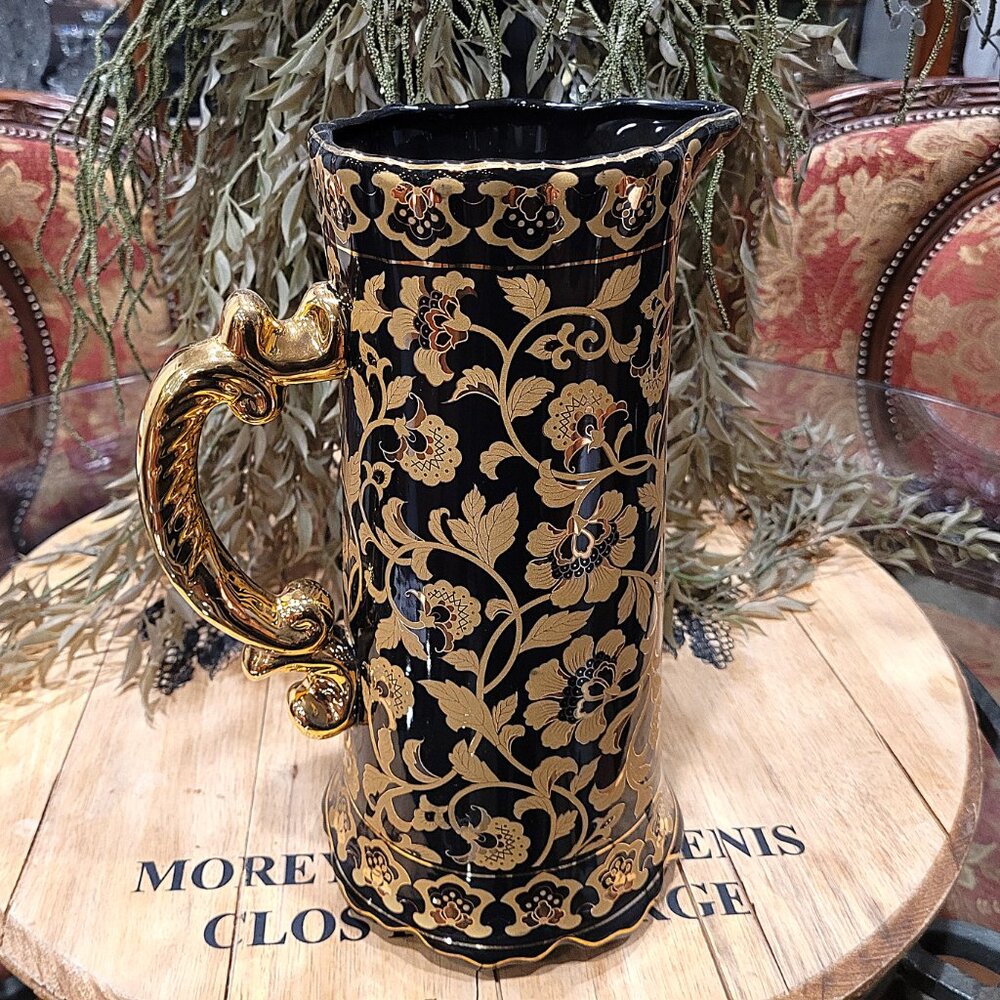 Vintage Black & 24K Gold Plated Ruffle Edge Porcelain Pitcher Vase